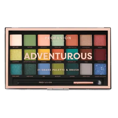 Profusion, Adventurous Eyeshadow Palette, paleta 21 cieni do powiek z pędzelkiem