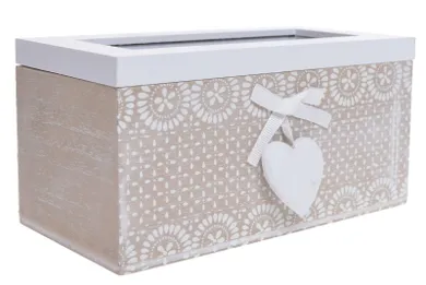 Pudełko drewniane, 2 przegródki, biało-beżowe, serce