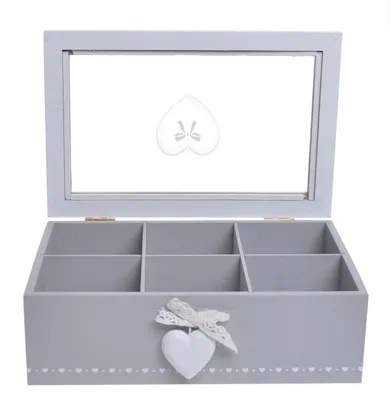 Pudełko drewniane, 6 przegródek, biało-szare, serce