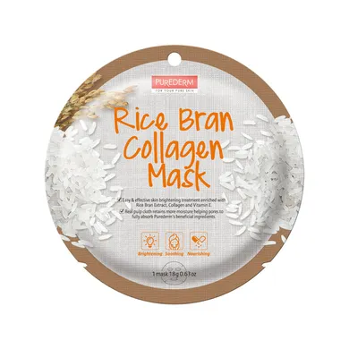 Purederm, Rice Bran Collagen Mask, maseczka kolagenowa w płacie, Ryż, 18g