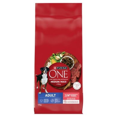 Purina, One, Adult, Beef & Rice, karma sucha dla psów ras średnich i dużych, 12 kg