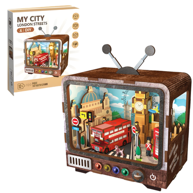 QBI, Ulice Londynu, miniaturowy telewizor retro, podświetlenie LED, puzzle 3D, 100 elementów