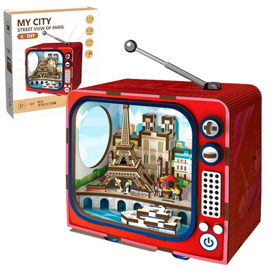 QBI, Uliczki Paryża, miniaturowy telewizor retro, podświetlenie LED, puzzle 3D, 98 elementów