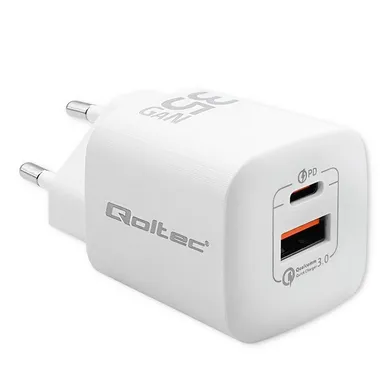 Qoltec Ładowarka Sieciowa 35w Gan Ultra, 5-20v, 2.25-3a, 1 X USB Typ C Pd, 1 X USB |, biała