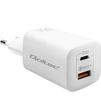 Qoltec Ładowarka Sieciowa 65w Gan Ultra, 5-20v, 2.25-3.25a, 1 X USB Typ C Pd, 1 X USB Qc 3.0 |, biała