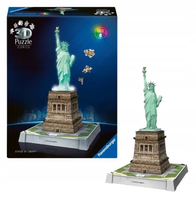 Ravensburger, Iconics, Statua Wolności, puzzle 3D LED, 128 elementów
