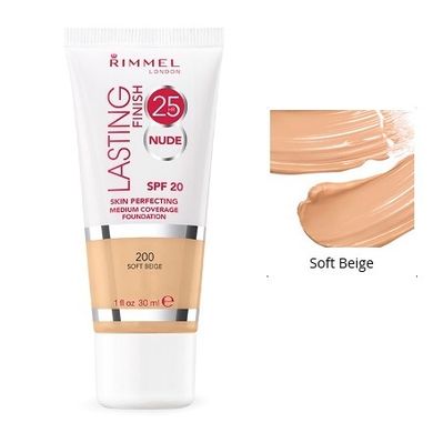Rimmel, Lasting finish nude 25hr foundation SPF 20, Długotrwały podkład do twarzy nr 200 Soft Beige, 30 ml