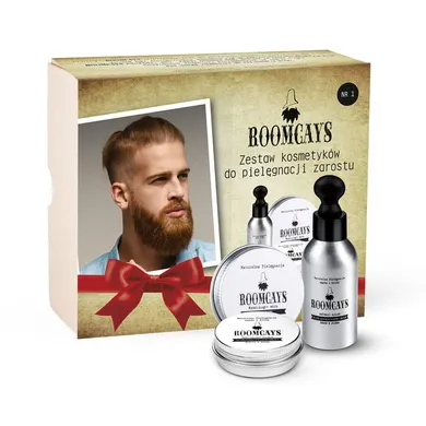 Roomcays, Zestaw #1 kosmetyków dla mężczyzn: olejek do brody, 50 ml + wosk do wąsów, 30 ml + balsam do zarostu, 30 ml
