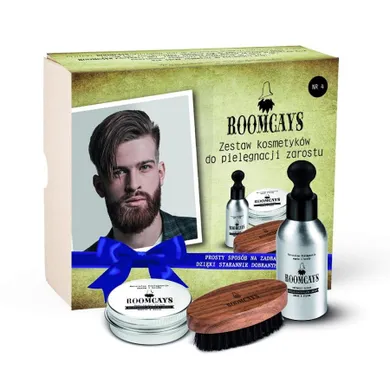 Roomcays, Zestaw #4 kosmetyków dla mężczyzn: olejek do brody, 50 ml + balsam do zarostu, 30 ml + szczotka do brody