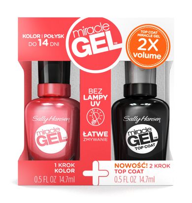 Sally Hansen, Zestaw upominkowy Miracle Gel, Lakier do paznokci 210 Pretty Piggy, 14,7 ml + Miracle Gel Top Coat - utwardzacz 14,7 ml