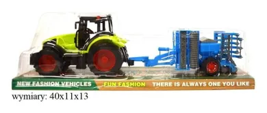 Schemat, traktor z niebieską przyczepą