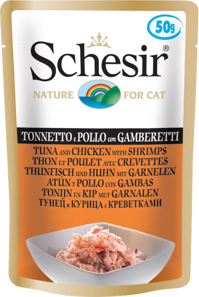 Schesir, karma dla kotów, tuńczyk z kurczakiem i krewetkami, 50 g