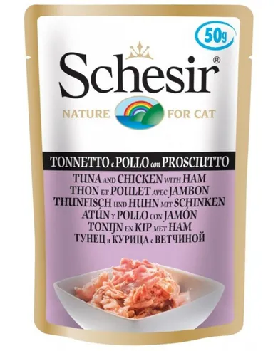 Schesir, karma dla kotów, tuńczyk z kurczakiem i szynką, 50 g