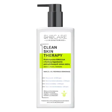 Shecare, Clean Skin Therapy, probiotyczna emulsja do ciała z funkcją łagodzenia potrądzikowych zmian skóry, 225 ml