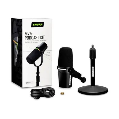Shure, MV7+-K-BNDL, mikrofon lektorski, wokalny ze złączem XLR/USB-C, czarny + Gator, statyw biurkowy