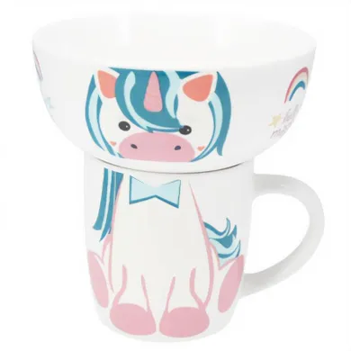 Siaki, miska i kubek z porcelany, jednorożec, 600 ml + 360 ml