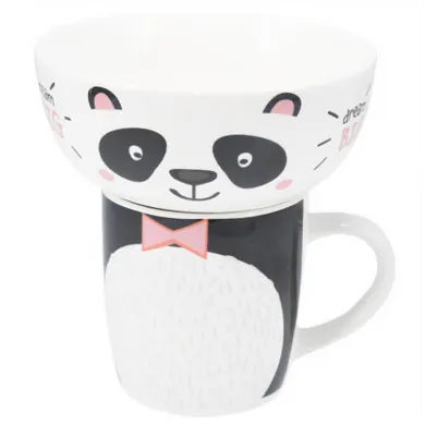 Siaki, miska i kubek z porcelany, panda, 600 ml + 360 ml