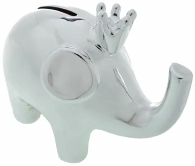 Skarbonka ceramiczna, słoń, srebrny z koroną średni, 15,7-8-12 cm
