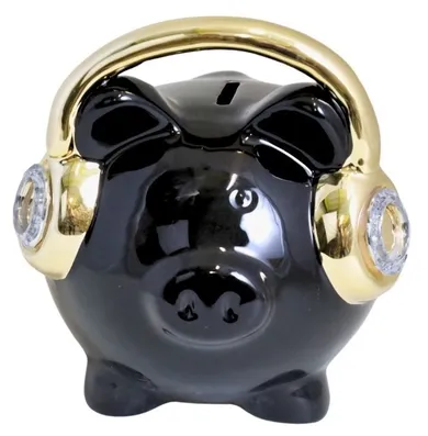 Skarbonka ceramiczna, świnka ze złotymi słuchawkami, czarna, 14-14-15 cm