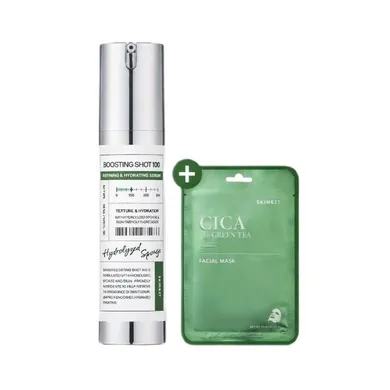 SKIN627, Boosting Shot 100 + Cica with Green Tea Sheet Mask, zestaw: serum do twarzy, 50 ml + maseczka w płachcie, 22 ml