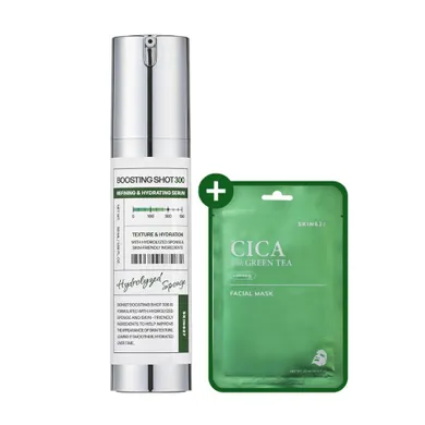 SKIN627, Boosting Shot 300 + Cica with Green Tea Sheet Mask, zestaw: serum do twarzy, 50 ml + maseczka w płachcie, 22 ml