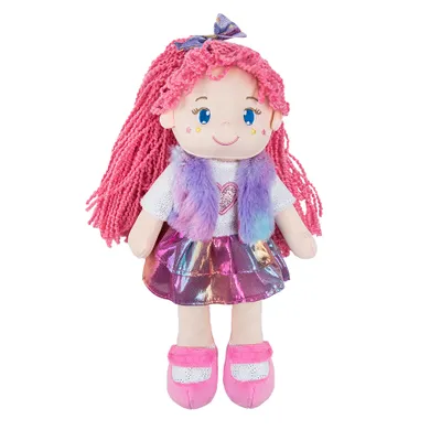 Smiki, szmaciana lalka w sukience i kamizelce, różowe włosy
