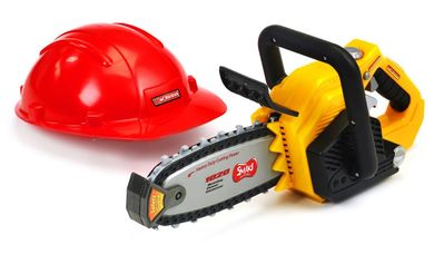 Smiki, zabawkowa piła łańcuchowa i kask, zestaw