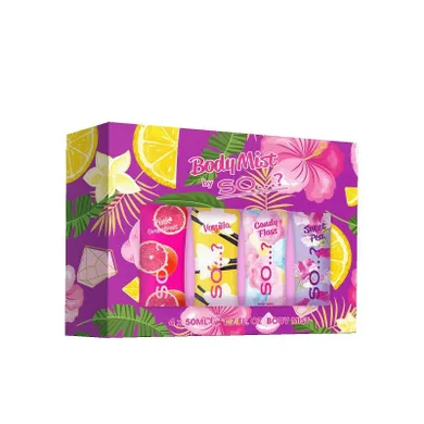 So..?, Body Mist, zestaw mgiełki do ciała: pink grapefruit + vanilla + candy floss + sweet pea, 4-50 ml