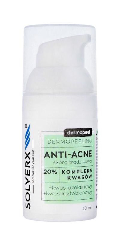 Solverx, Dermopeel, Dermopeeling anti-acne, kompleks kwasów 20% (azelainowy, laktobionowy), 30 ml