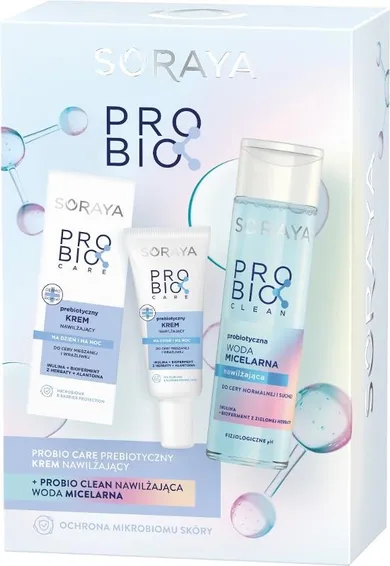 Soraya, ProBio Clean, zestaw prezentowy: prebiotyczny krem nawilżający, 50 ml + nawilżająca woda micelarna, 250 ml