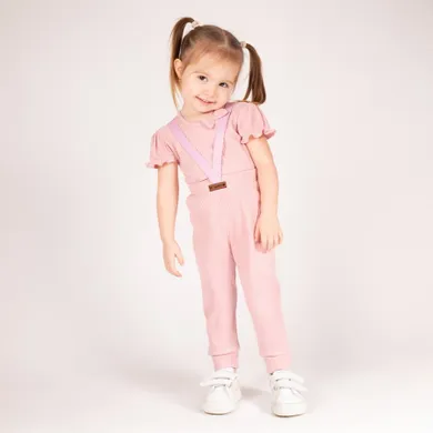 Spodnie dziewczęce na szelkach, prążkowane, różowe, Nicol