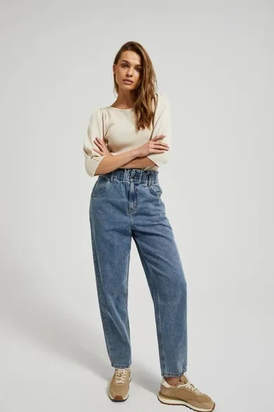 Spodnie jeansowe damskie, paper bag, niebieskie, Moodo