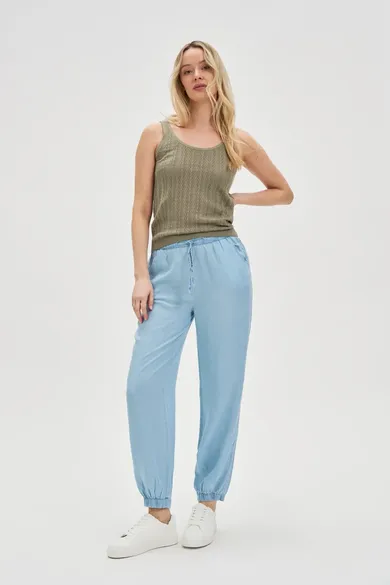 Spodnie materiałowe damskie, niebieskie, Moodo