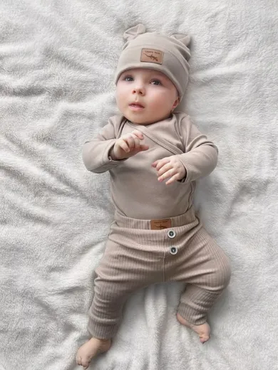 Spodnie materiałowe niemowlęce, prążkowane, brązowe, Lagarto Verde