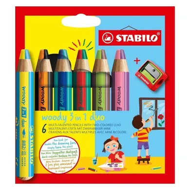 Stabilo, kredki Woody 3w1 Duo, 6 kolorów + temperówka