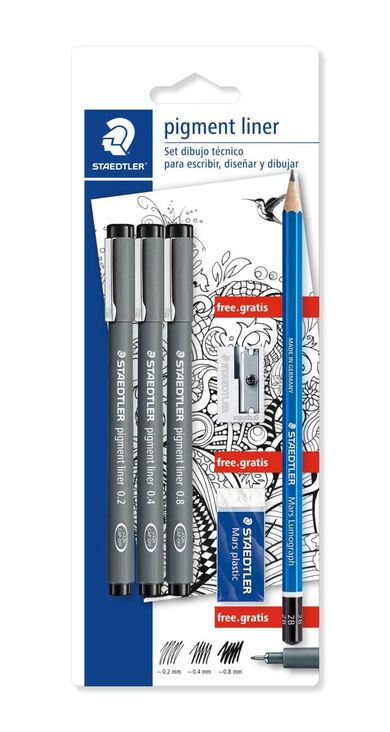 Staedtler, pisak z atramentem pigmentowym, zestaw z ołówkiem 2B, gumką i temperówką, 3 szt.