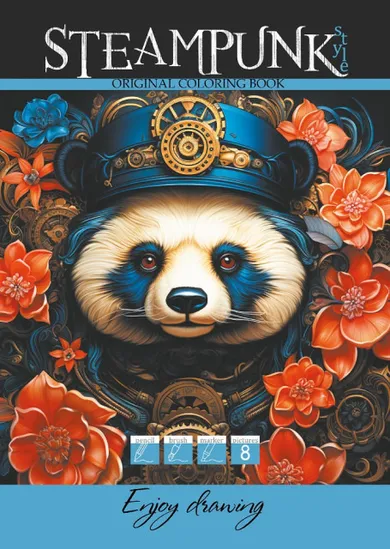 Steampunk Panda. Kolorowanka A4. 8 obrazków