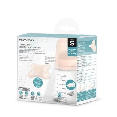 Suavinex, Zero Zero, zestaw startowy z butelką, przepływ adaptacyjny, 180 ml, 0-2m