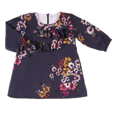 Sukienka dziewczęca z długim rękawem, granatowa, kwiaty, Eevi