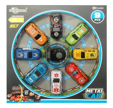 Swede, pojazdy metalowe z wyrzutnią, resoraki, 9 szt.