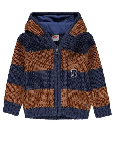 Sweter chłopięcy z kapturem, rozpinany, granatowo-brązowy, pasy, Kanz