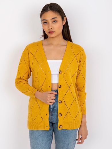Sweter damski, rozpinany, musztardowy, Rue Paris
