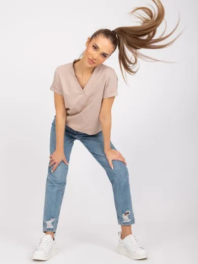 T-shirt damski, beżowy, Basic Feel Good