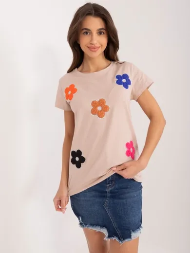 T-shirt damski, beżowy, Basic Feel Good