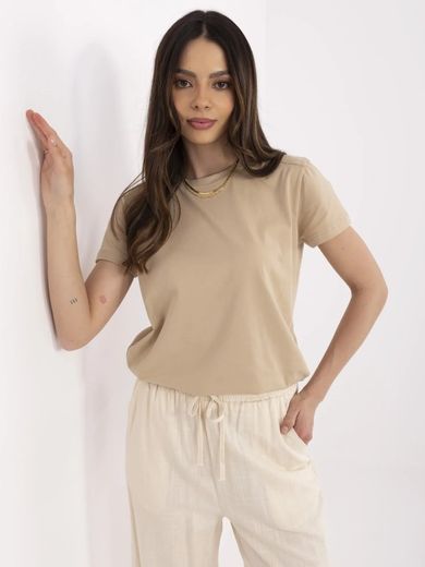 T-shirt damski, beżowy, Basic Feel Good