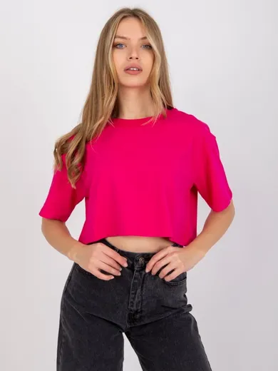 T-shirt damski, crop top, różowy, Basic Feel Good