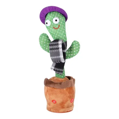 Tańczący kaktus, zabawka interaktywna, czarny szalik i fioletowy kapelusz