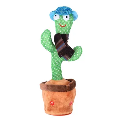 Tańczący kaktus, zabawka interaktywna, szalik w kratę i niebieski kapelusz