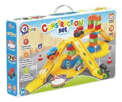 Technok, tor z autkami i akcesroaimi, klocki, 80 elementów