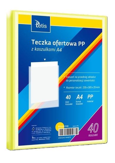 Tetis, teczka ofertowa PP, 40 koszulek, A4, żółta, 1 szt.